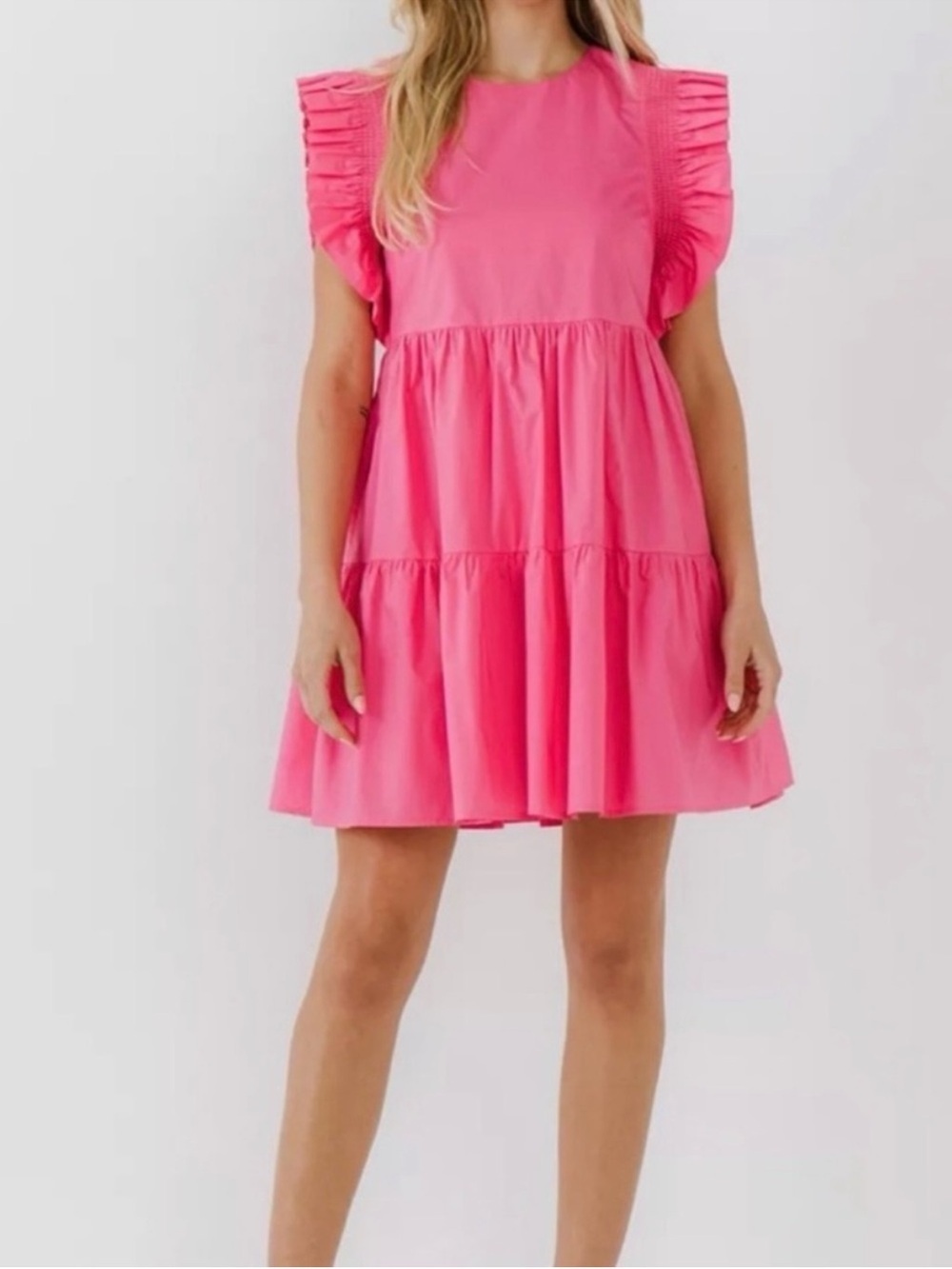 English Factory Pink Ruffle Sleeve Tiered Mini Dress